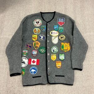 Vintage Patched Wool Sweater Mens Large Gray 1960s Cardigan Tourist Travel